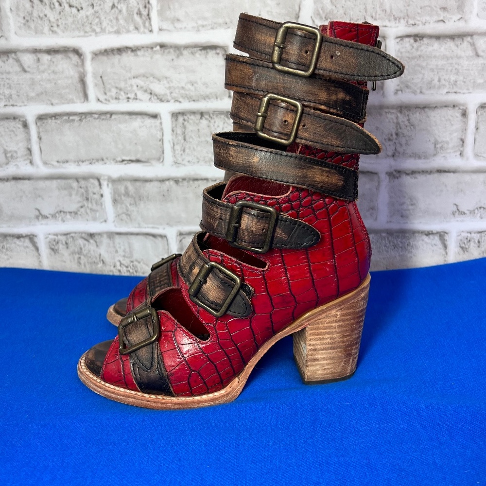 freebird Red Croc-Embossed Open-Toe Buckle Ankle Boots with Brown Straps